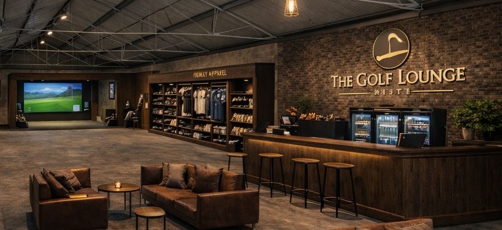 Golf Lounge Tortworth interior with simulator, shop, and lounge seating