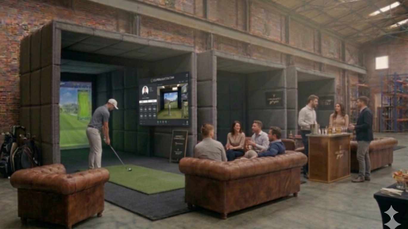 Industrial indoor golf lounge with simulator bays and social seating